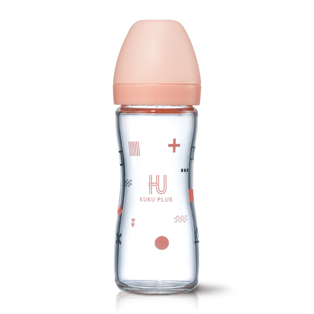 KUKU PLUS純真之瞳寬口玻璃奶瓶 240ml - 莓果粉